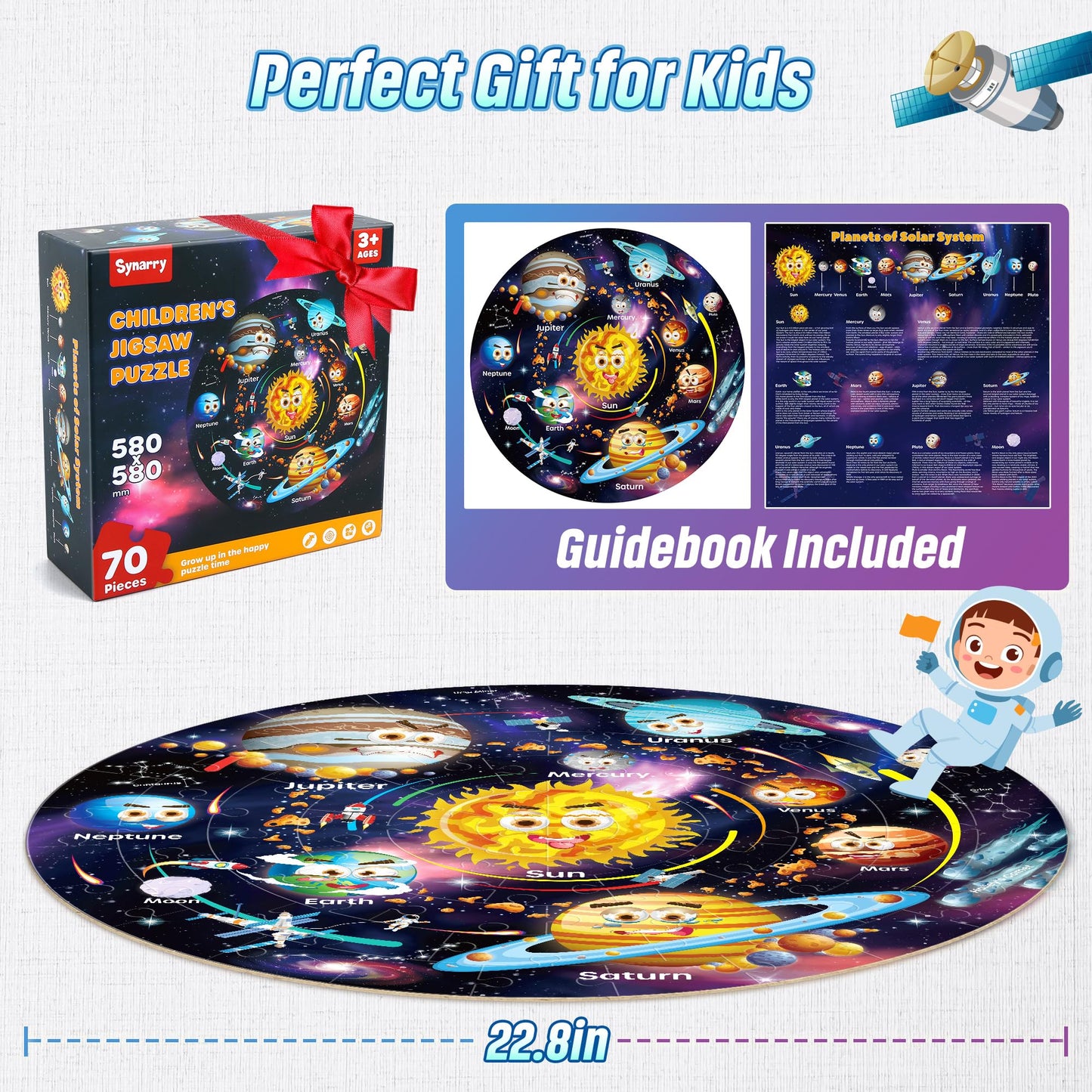 SYNARRY giant solar system floor jigsaw puzzle with colorful planets, astronauts, and space themes for kids ages 3 to 8.