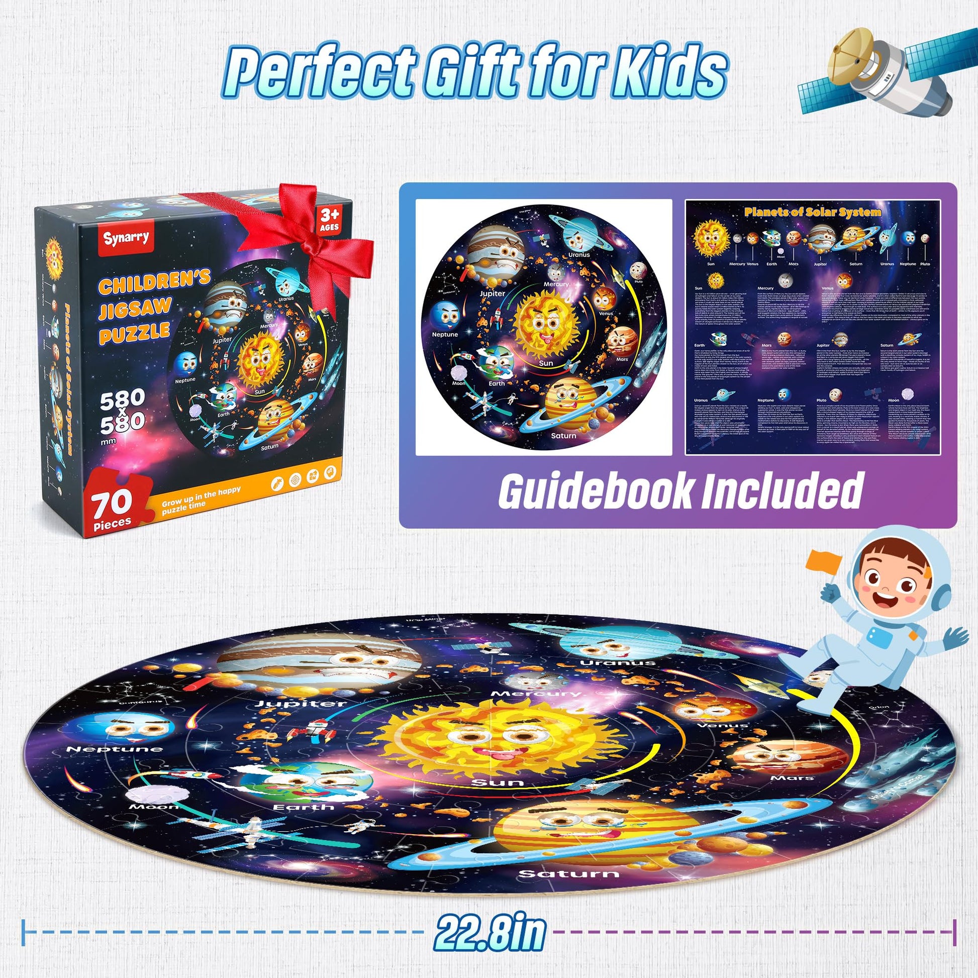 SYNARRY giant solar system floor jigsaw puzzle with colorful planets, astronauts, and space themes for kids ages 3 to 8.