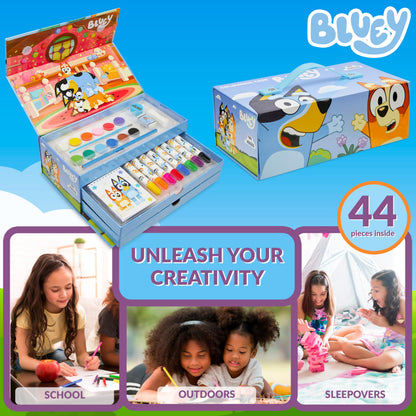 Bluey Art Set for Kids Colouring Pencils Paints Felt Tip Pens Crayons Stationery Crafts Girls Boys Art Supplies Preschool Travel 40 Plus Pcs Gift Set (Blue 3 Tier)