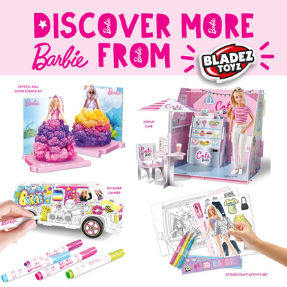 BLADEZ Barbie Bumper Activity Set with colorful stickers, pens, and a camper van for creative arts and crafts fun.