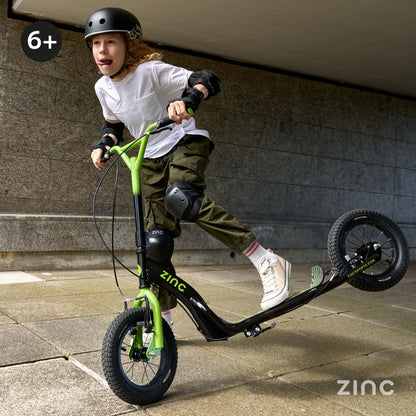 Zinc Radikal BMX Scooter for Kids Ages 6+ – 12 Inch Big Wheel Stunt Scooters with 360 Degree Handlebar Spin, Front & Rear Brakes, Steel Frame, Off-Road Tyres, Green & Black