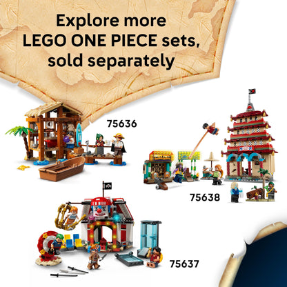 LEGO ONE PIECE The Going Merry pirate ship model with Luffy, Zoro, Nami minifigures for display and play.