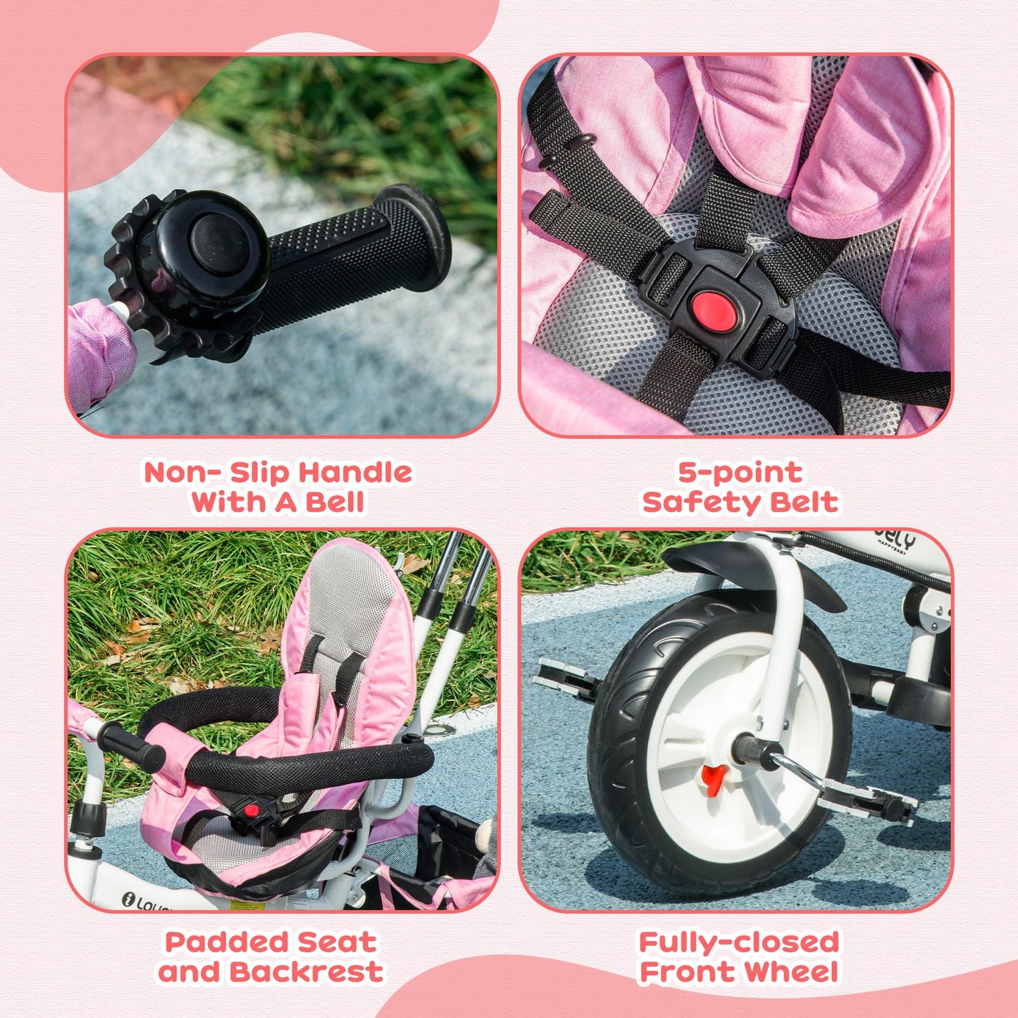 HOMCOM 6 in 1 Trike, Kids Tricycle, Pedal Push Bike w/Parent Handle, Removable Canopy, 5-Point Safety Belt, Storage, Footrest, Brake, for 1-5 Years Toddler, Pink