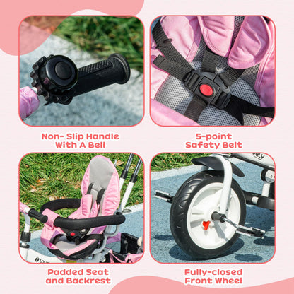HOMCOM 6 in 1 Trike, Kids Tricycle, Pedal Push Bike w/Parent Handle, Removable Canopy, 5-Point Safety Belt, Storage, Footrest, Brake, for 1-5 Years Toddler, Pink