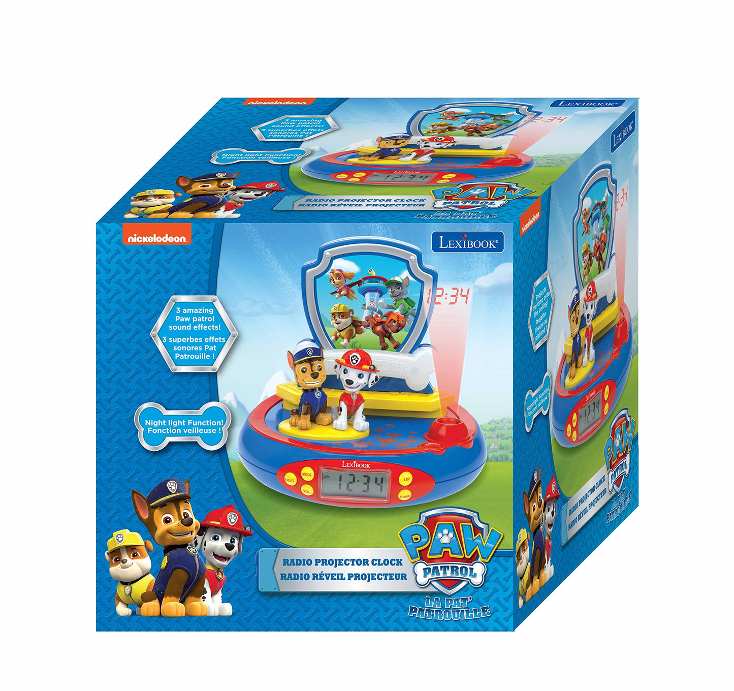 LEXIBOOK, Paw Patrol, Projector Alarm Clock for kids, Nightlight and time projection to the ceiling, Sound Effects, Battery-powered, Blue, RP500AC