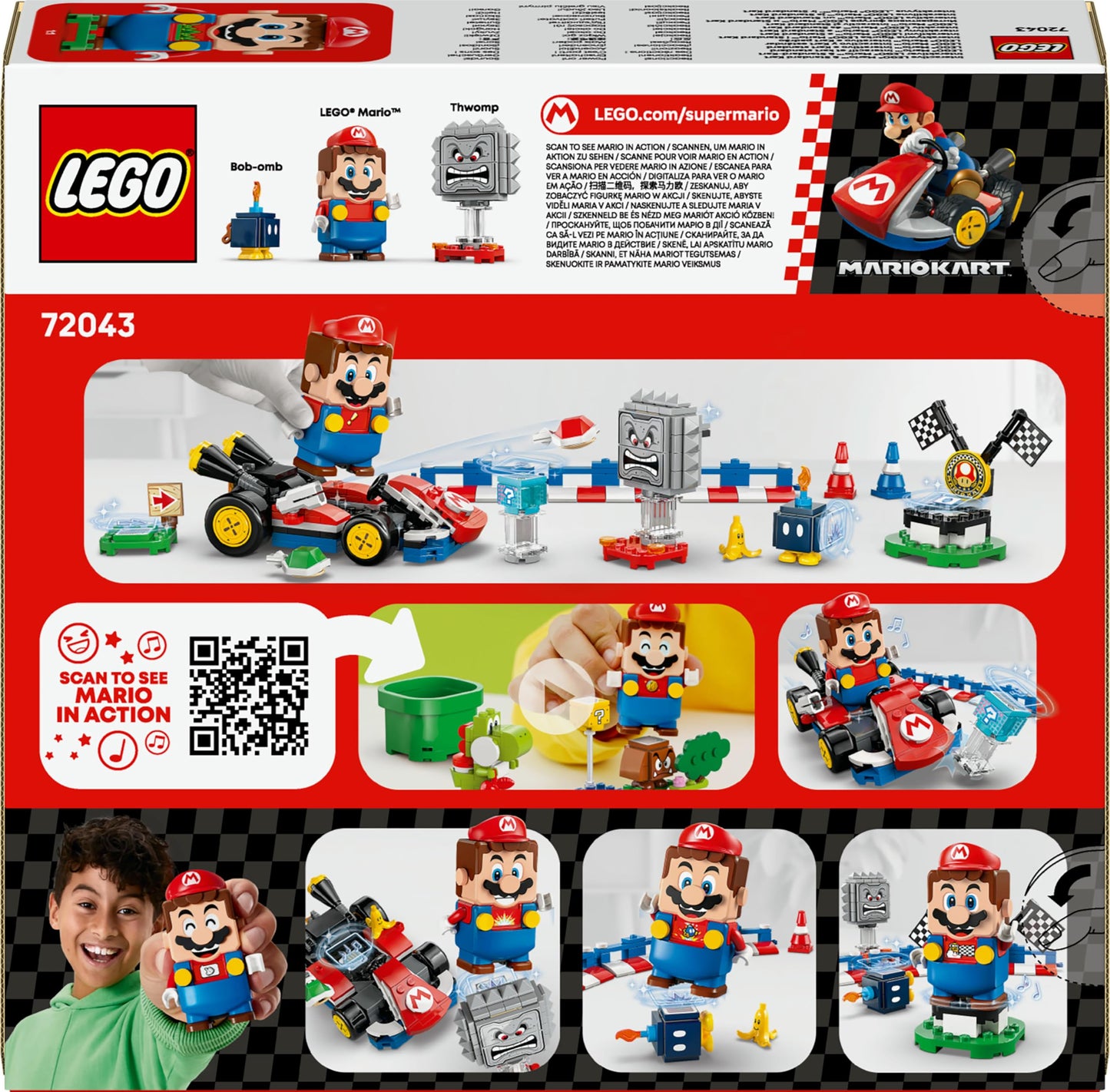 LEGO Mario Kart set featuring interactive Mario, standard kart, race course with figures, podium, and barriers for kids 7+.