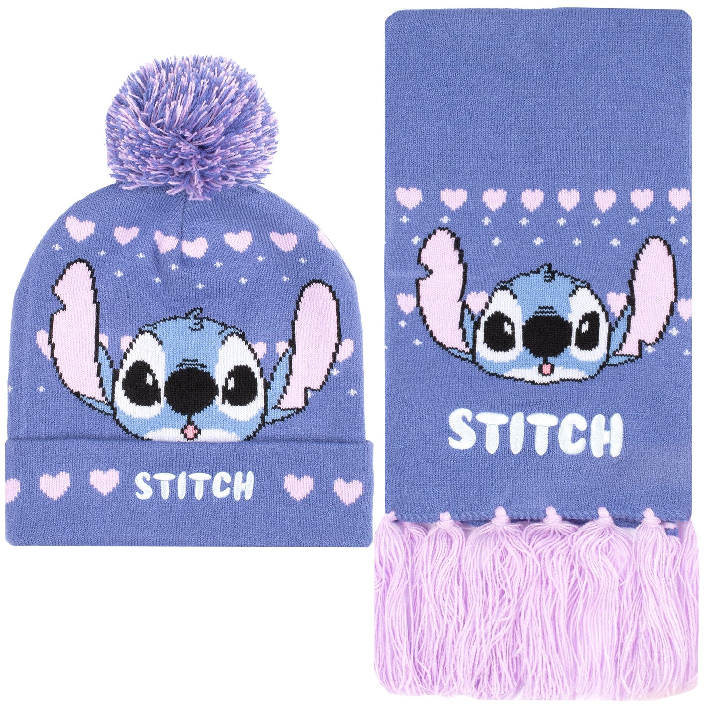 Disney Lilo & Stitch winter hat and scarf set for girls, purple knit beanie and cozy scarf perfect for kids ages 6-12 winter accessories