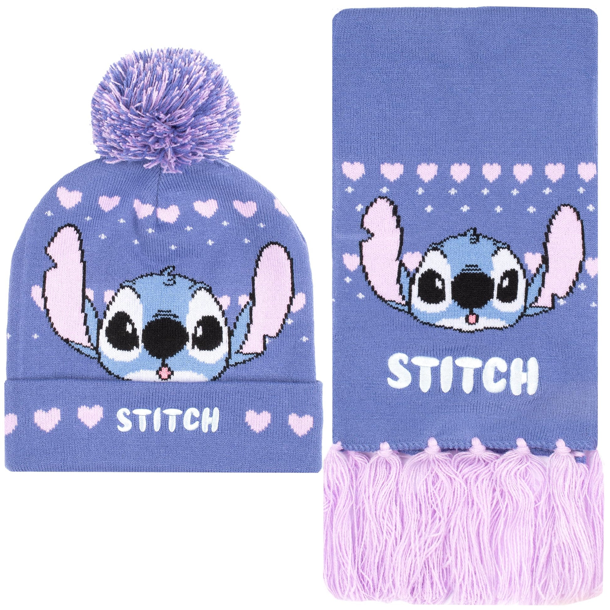 Disney Lilo & Stitch winter hat and scarf set for girls, purple knit beanie and cozy scarf perfect for kids ages 6-12 winter accessories