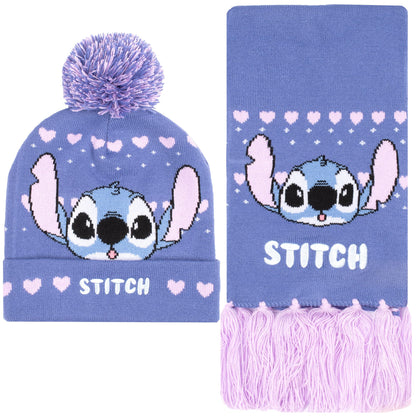 Disney Lilo & Stitch winter hat and scarf set for girls, purple knit beanie and cozy scarf perfect for kids ages 6-12 winter accessories
