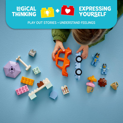 LEGO DUPLO Bluey: Ice Cream Trip with Bluey - Educational Motor Skills Toy for Toddlers, with a Toy Car and Ice Cream Stand, plus 2 Figures incl. Bandit - Gift for 2+ Year Old Girls & Boys - 10458