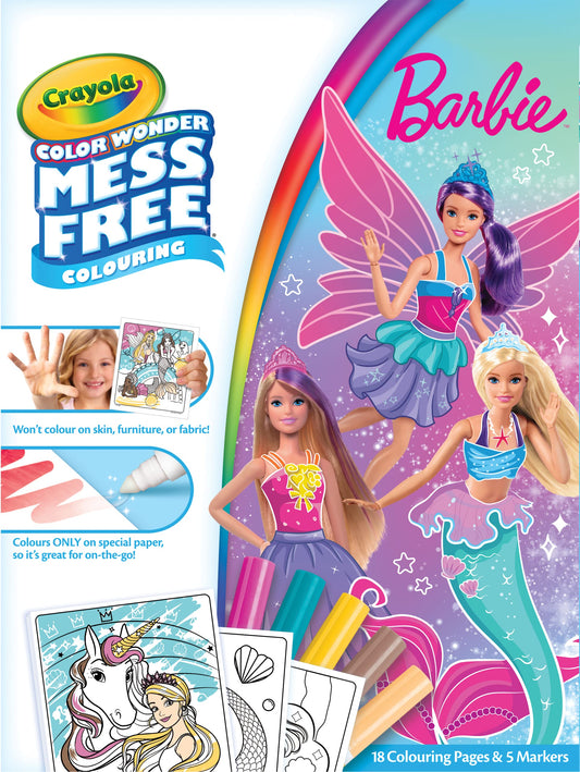 Crayola Color Wonder Barbie colouring book with 18 pages and 5 markers, designed for mess-free fun for ages 3 and up.