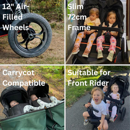Out’n’About Nipper Double V6 Pushchair | Lightweight All-Terrain Twin Buggy with Raincover, 12” Air-Filled Wheels & Compact Fold | Side-by-Side Double Stroller for Newborn to Toddler - Highland Blue