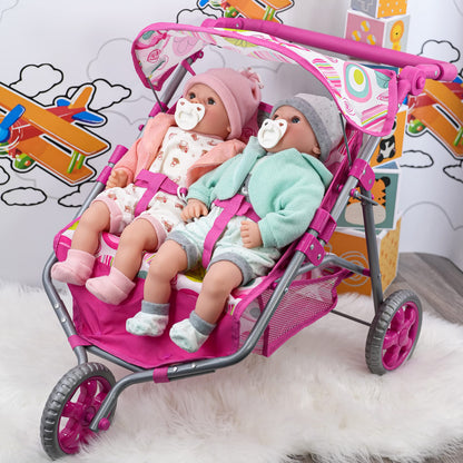 The Magic Toy Shop BiBi Doll Pink Twin Stroller, Ideal Twin Dolls Prams and Pushchairs - Adjustable Canopy and Handle, Under Storage Space, Collapsible - Dolls Double Buggy Toy Pram Double Dolls Pram