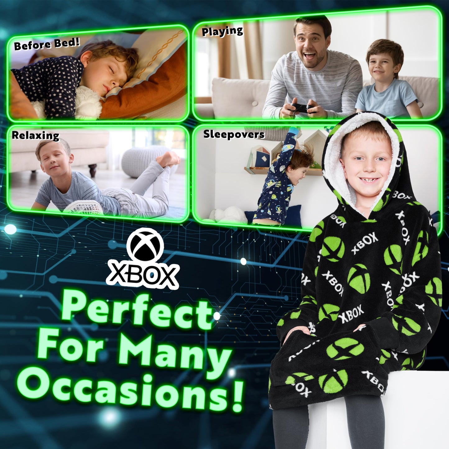 Xbox fleece blanket hoodie for boys and teens, cozy oversized hoodie blanket featuring gaming design, perfect for warmth and comfort.