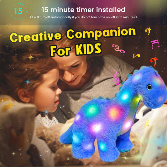 Hopearl LED Musical Stuffed Dinosaur Light up Singing Diplodocus Soft Plush Toy with Long Neck Adjustable Volume Lullaby Animated Soothe Gifts for Kids Toddlers, Blue, 16''