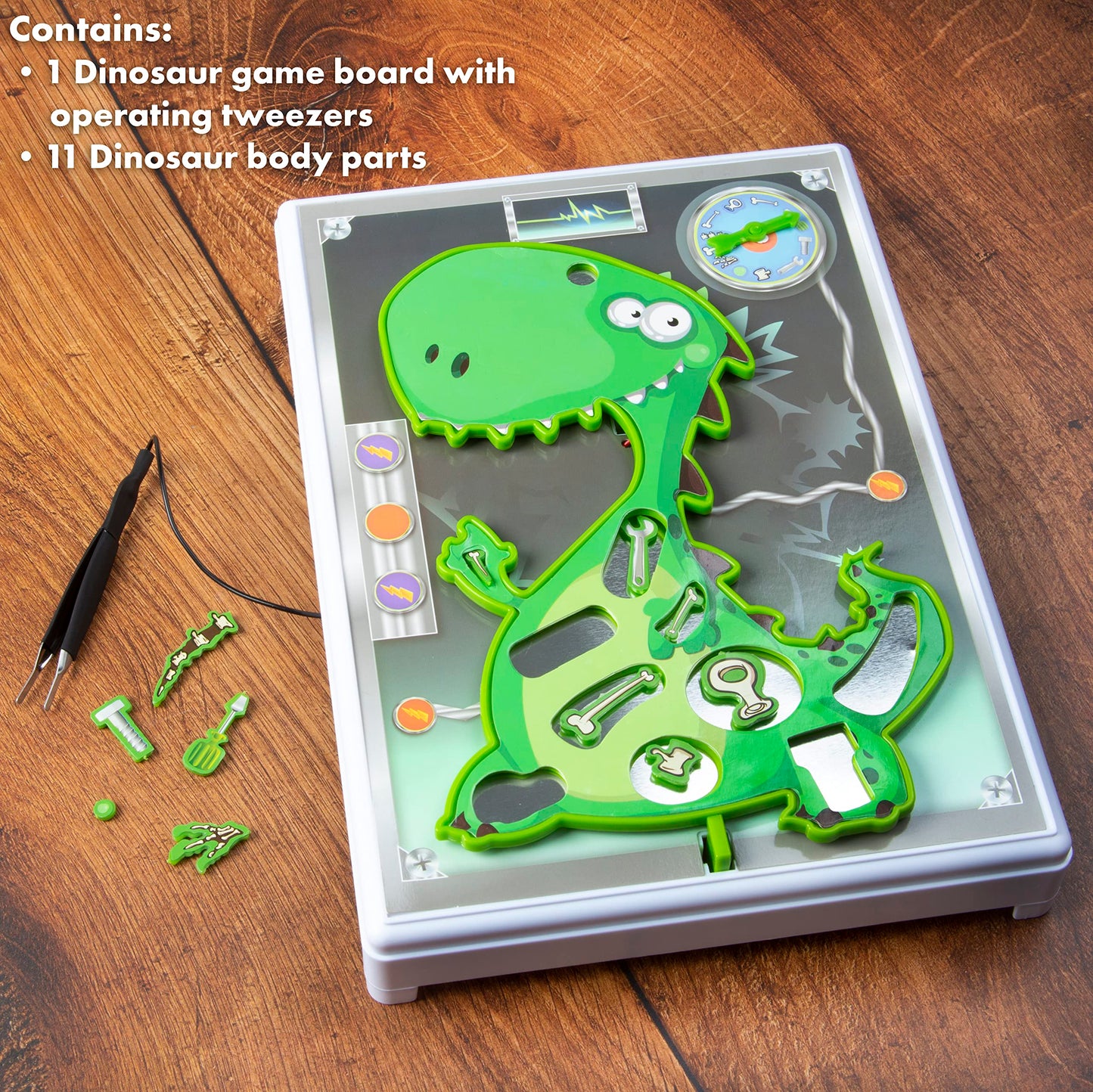 Abeec Dinosaur Operation game showing a kid playing with a dinosaur-themed body parts removal game for children aged 6+