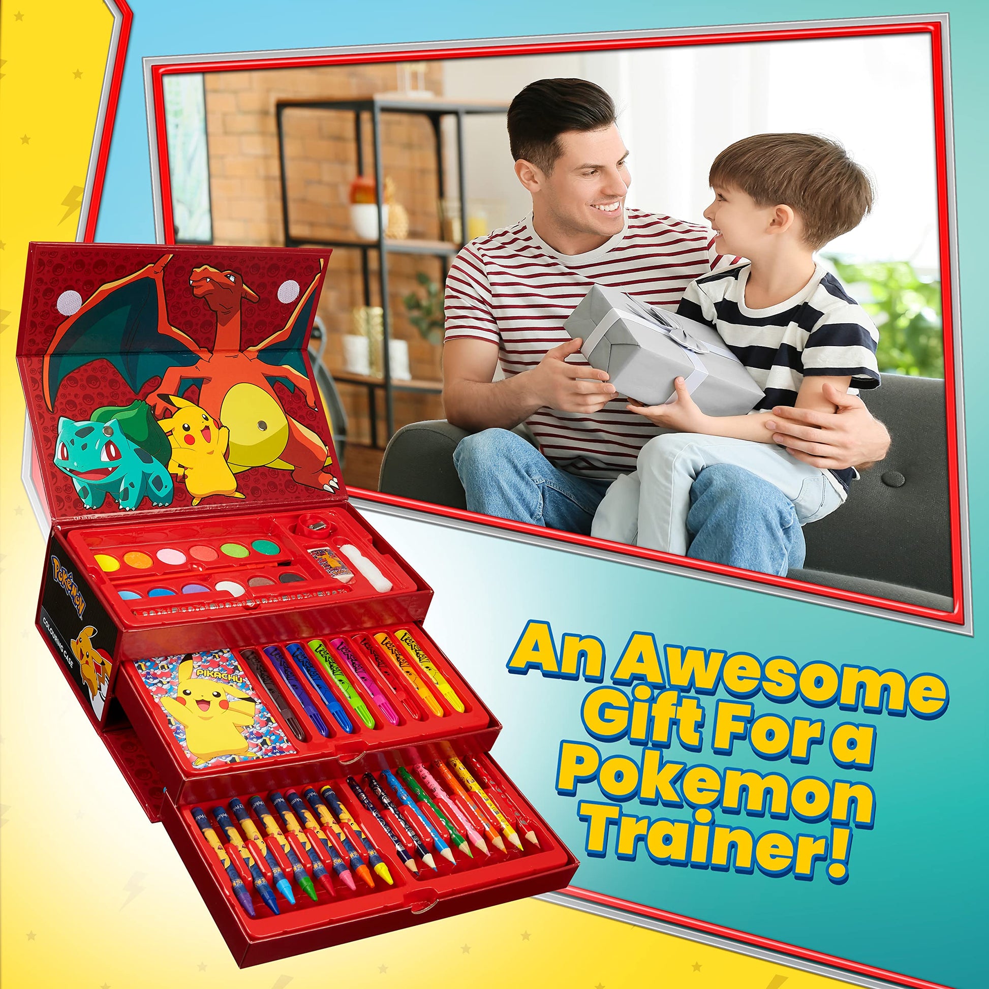 Pokémon art supplies set featuring coloring pencils, felt tip pens, watercolors, and wax crayons with Pikachu design.