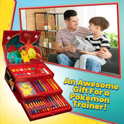 Pokémon art supplies set featuring coloring pencils, felt tip pens, watercolors, and wax crayons with Pikachu design.