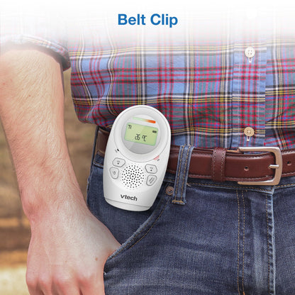VTech DM1211 audio baby monitor showing parent unit with belt clip, noise level display, and temperature sensor on screen.