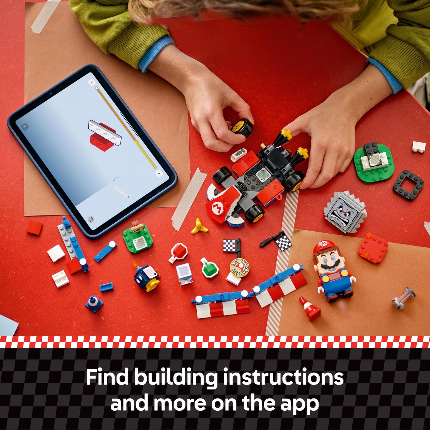 LEGO Mario Kart set featuring interactive Mario, standard kart, race course with barriers, podium, and three figures for kids 7+.