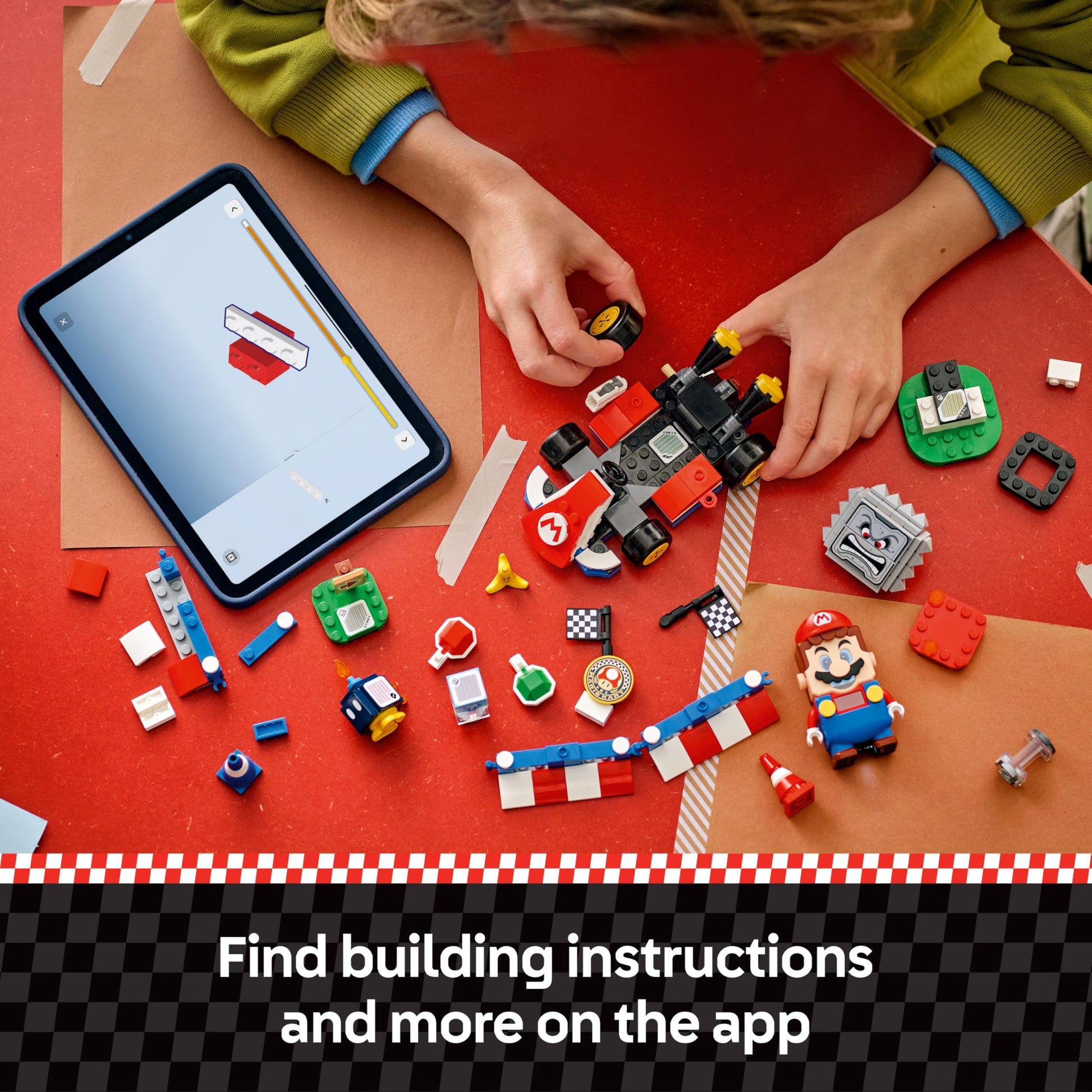 LEGO Mario Kart set featuring interactive Mario, standard kart, race course with barriers, podium, and three figures for kids 7+.