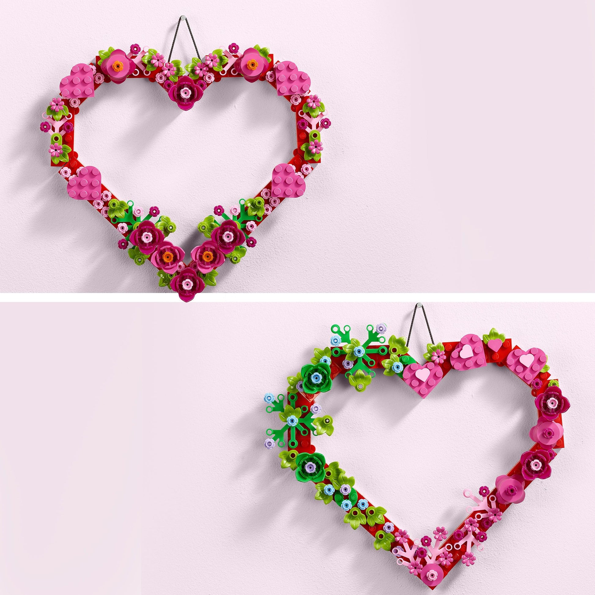 LEGO Heart Ornament Toy with colorful flowers, leaves, and small hearts, designed for kids' arts and crafts activities.