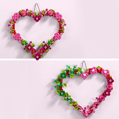 LEGO Heart Ornament Toy with colorful flowers, leaves, and small hearts, designed for kids' arts and crafts activities.