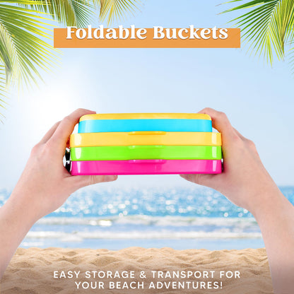 Sloosh 3 PCS Foldable Buckets with 3 Shovels Sand Water Bucket Sandbox Square Party in Summer Foldable Pail Silicone Collapsible Bucket Kids Beach Toys Travel (Yellow/Blue/Green)