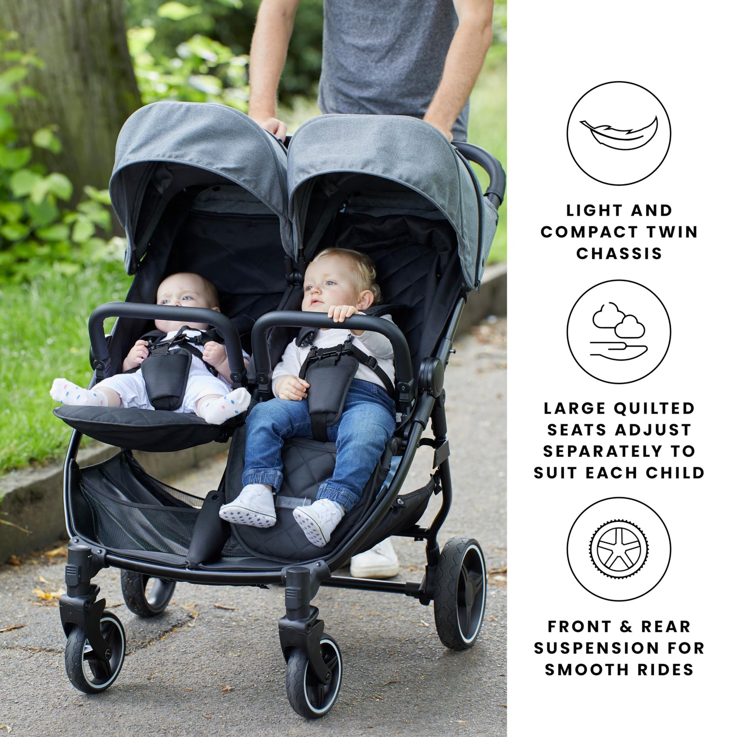 Ickle Bubba Venus Double Stroller – Twin Pushchair from Birth to 15kg per Seat, Independent Recline Seats, Footrest, Rain Cover, Compact Fold, Swivel Wheels & Suspension (Space Grey)