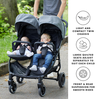 Ickle Bubba Venus Double Stroller – Twin Pushchair from Birth to 15kg per Seat, Independent Recline Seats, Footrest, Rain Cover, Compact Fold, Swivel Wheels & Suspension (Space Grey)