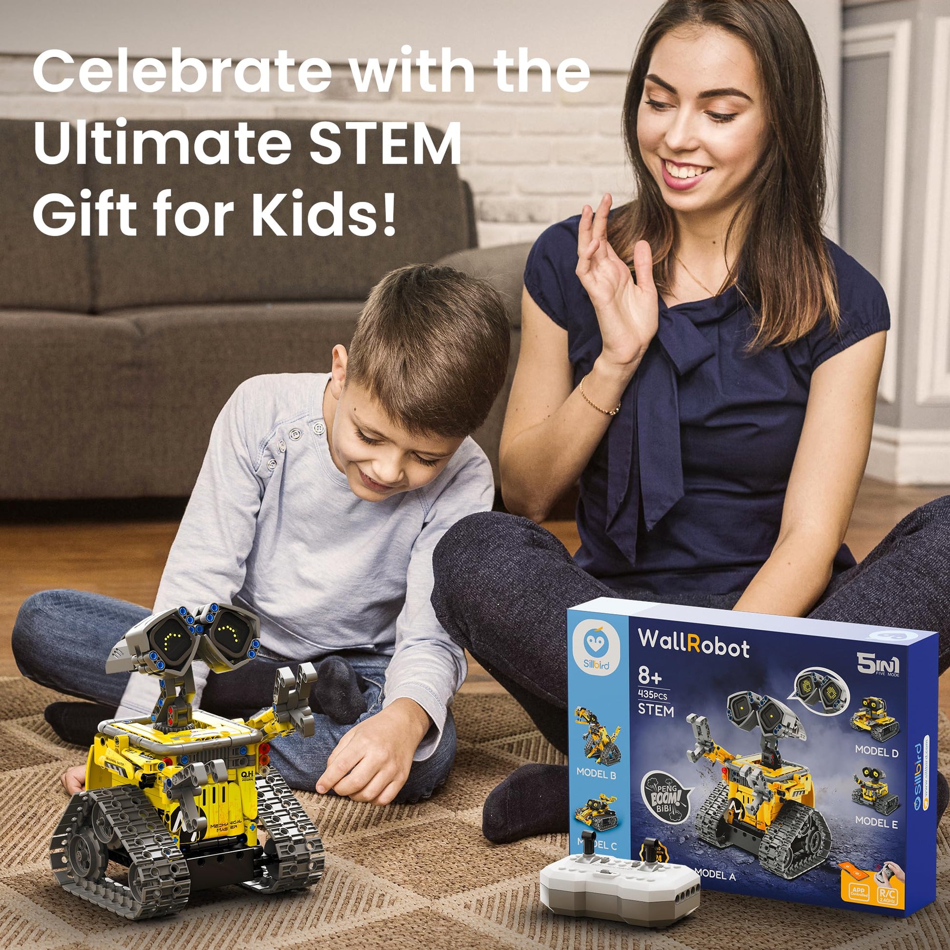 Sillbird STEM robot building toy set with remote control, showcasing 435 pieces and a creative design for kids aged 8-13.