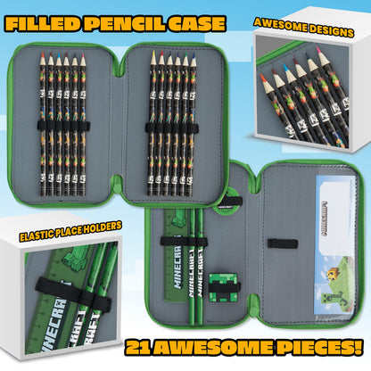 Minecraft Pencil Case Kids Teens Filled with Gamer Stationery Set School Supplies Creeper Pen Case Multiple Compartments Drawing Writing Colouring Set (Green Creeper)