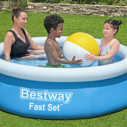Blue Bestway 6ft x 20in round inflatable above ground pool filled with water, ready for use, outdoor backyard setting