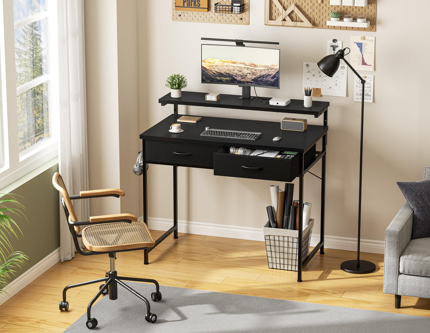 HOMIDEC Gaming Desk with Adjustable Monitor Stand, Computer Office Desk with 2 Storage Drawers, Gaming Table with Headphone Hook, Carbon Fibre Surface, for Gamers, Workers and Students, Black, 80cm