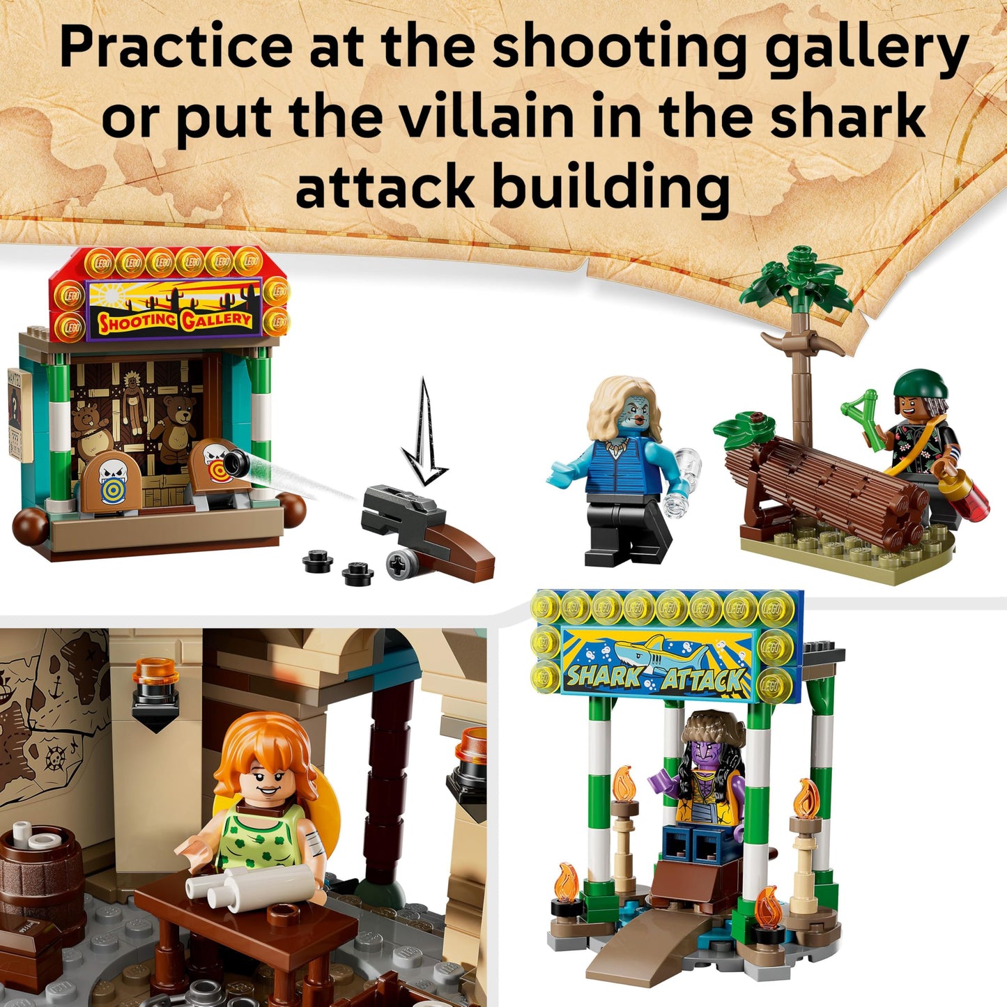 LEGO ONE PIECE Battle at Arlong Park set with Luffy and Nami minifigures and a collapsing pagoda for imaginative play.