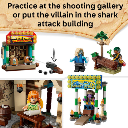 LEGO ONE PIECE Battle at Arlong Park set with Luffy and Nami minifigures and a collapsing pagoda for imaginative play.