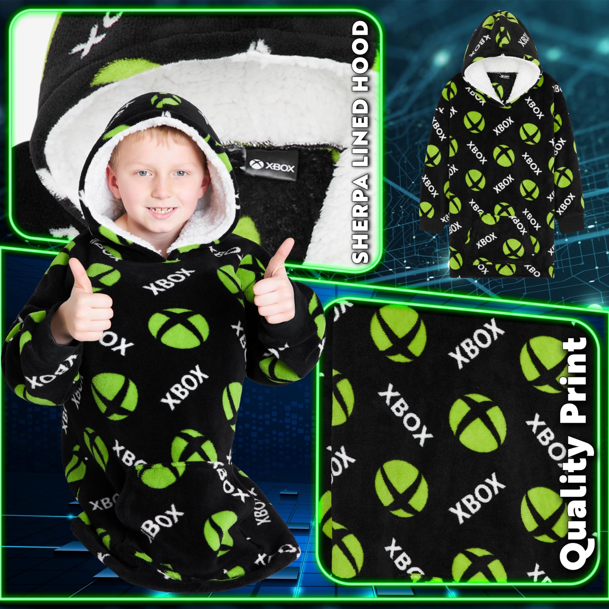 Xbox fleece blanket hoodie for boys and teens, cozy oversized hoodie blanket with gamer-themed design, perfect for warmth and comfort.