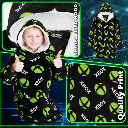 Xbox fleece blanket hoodie for boys and teens, cozy oversized hoodie blanket with gamer-themed design, perfect for warmth and comfort.