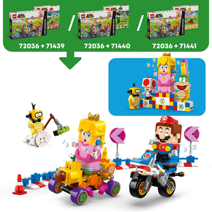 LEGO Super Mario Baby Peach & Grand Prix building toy set featuring Mario Kart characters, vehicles, and figures for ages 8 and up.