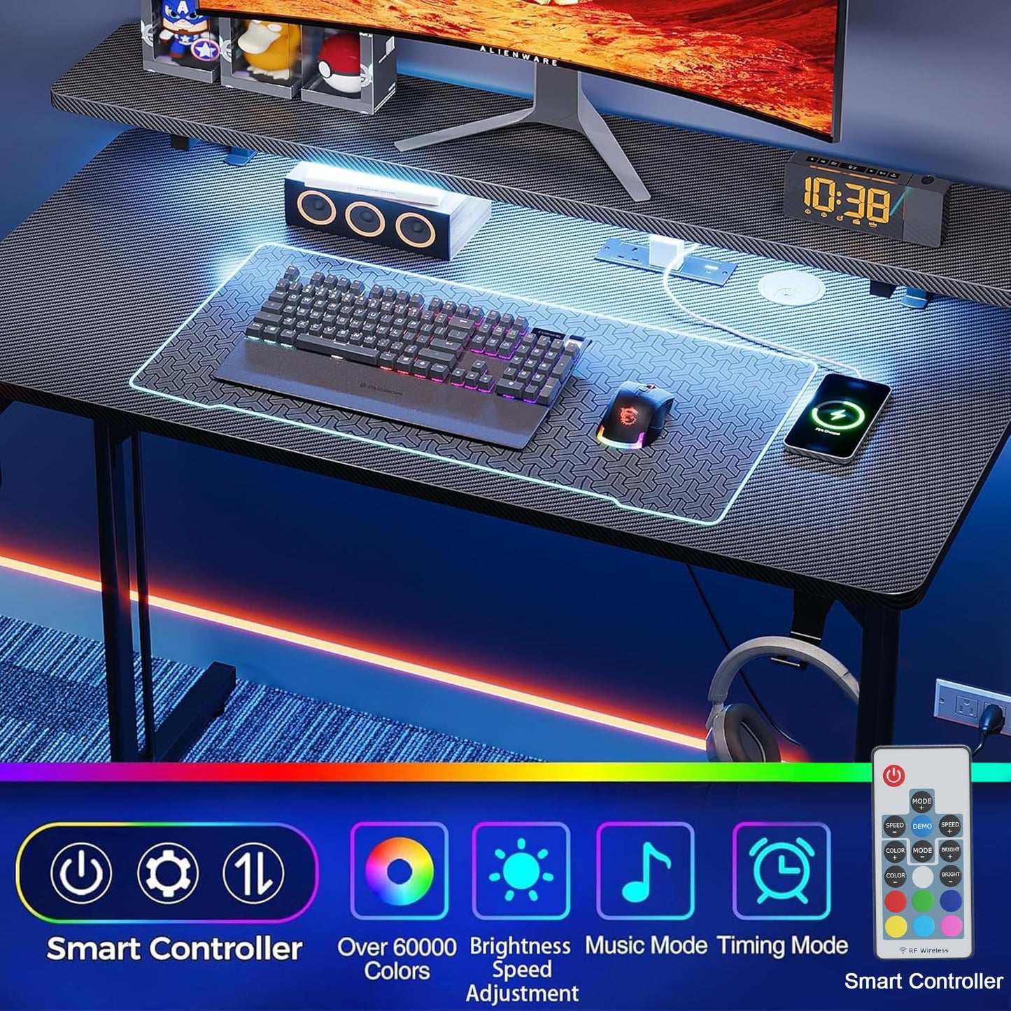 CAIYUN small gaming desk with LED lighting, power outlets, full monitor stand, black carbon fiber surface, metal frame for home office