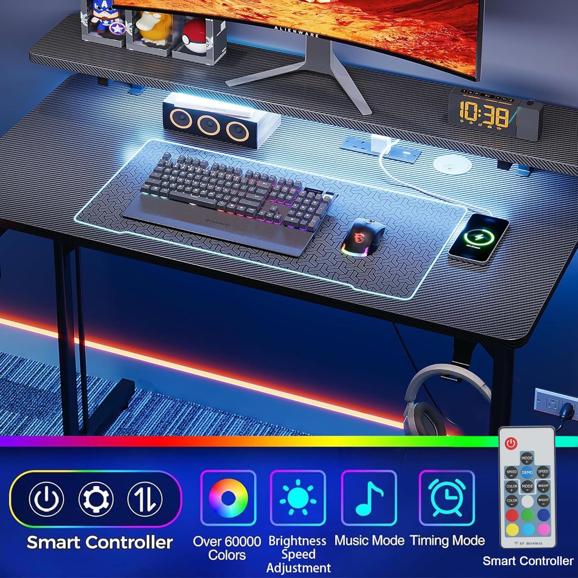 CAIYUN small gaming desk with LED lighting, power outlets, full monitor stand, black carbon fiber surface, metal frame for home office