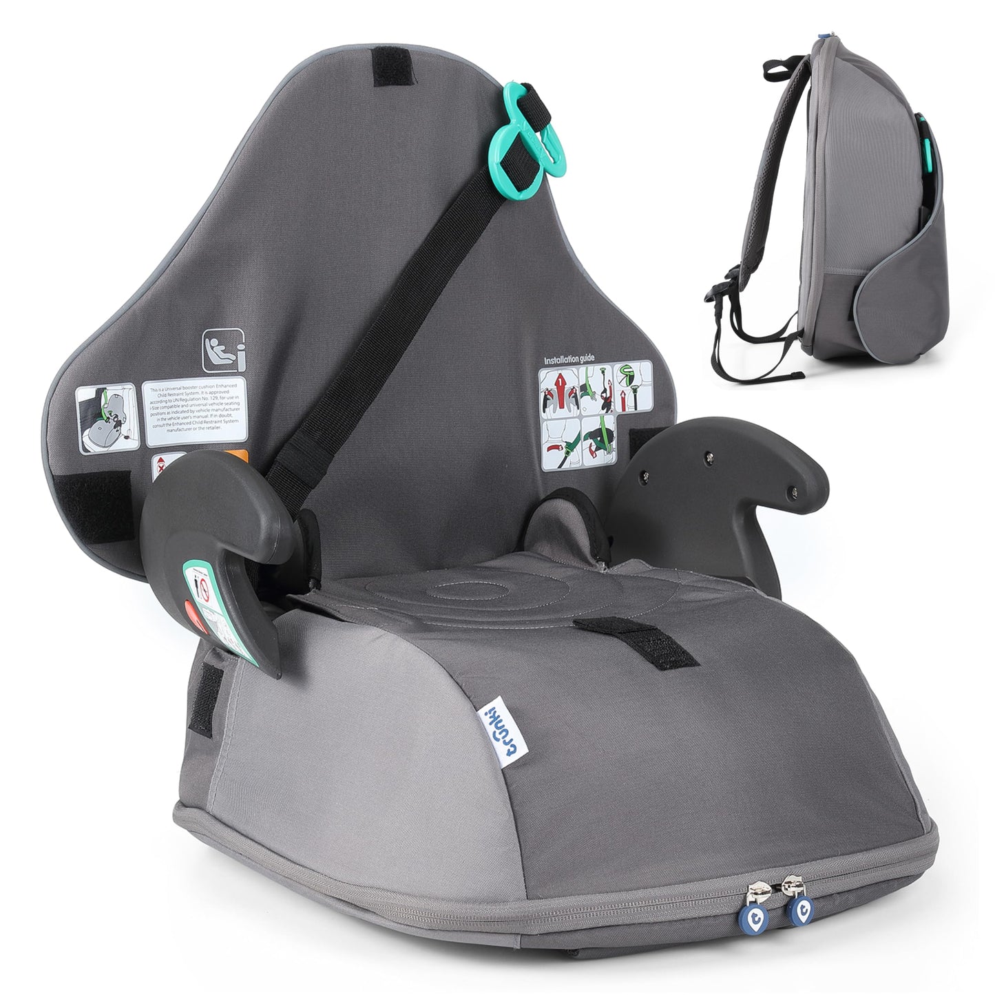 Trunki BoostApak Booster Seat & Kids Backpack - i-Size Travel Car Seat, 8 L Carry-On Approved Kids Rucksack & Car Booster (126-150 cm) - Grey