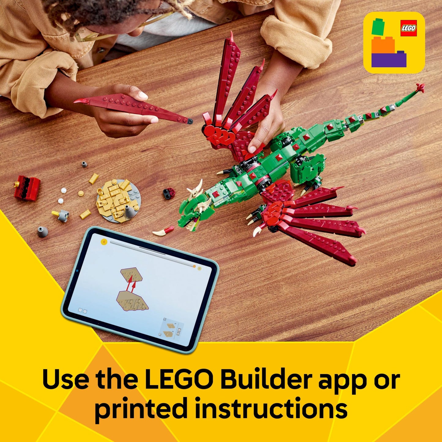 LEGO Creator 3in1 Medieval Dragon toy set with dragon, sea serpent, and phoenix figures for kids aged 9 and up.