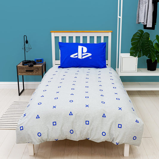 PlayStation official reversible duvet cover with layered design, includes pillow case, perfect for gaming-themed bedroom decor.