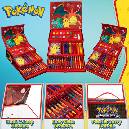Pokémon art supplies set featuring colouring pencils, felt tip pens, watercolour paints, and wax crayons in black and red.