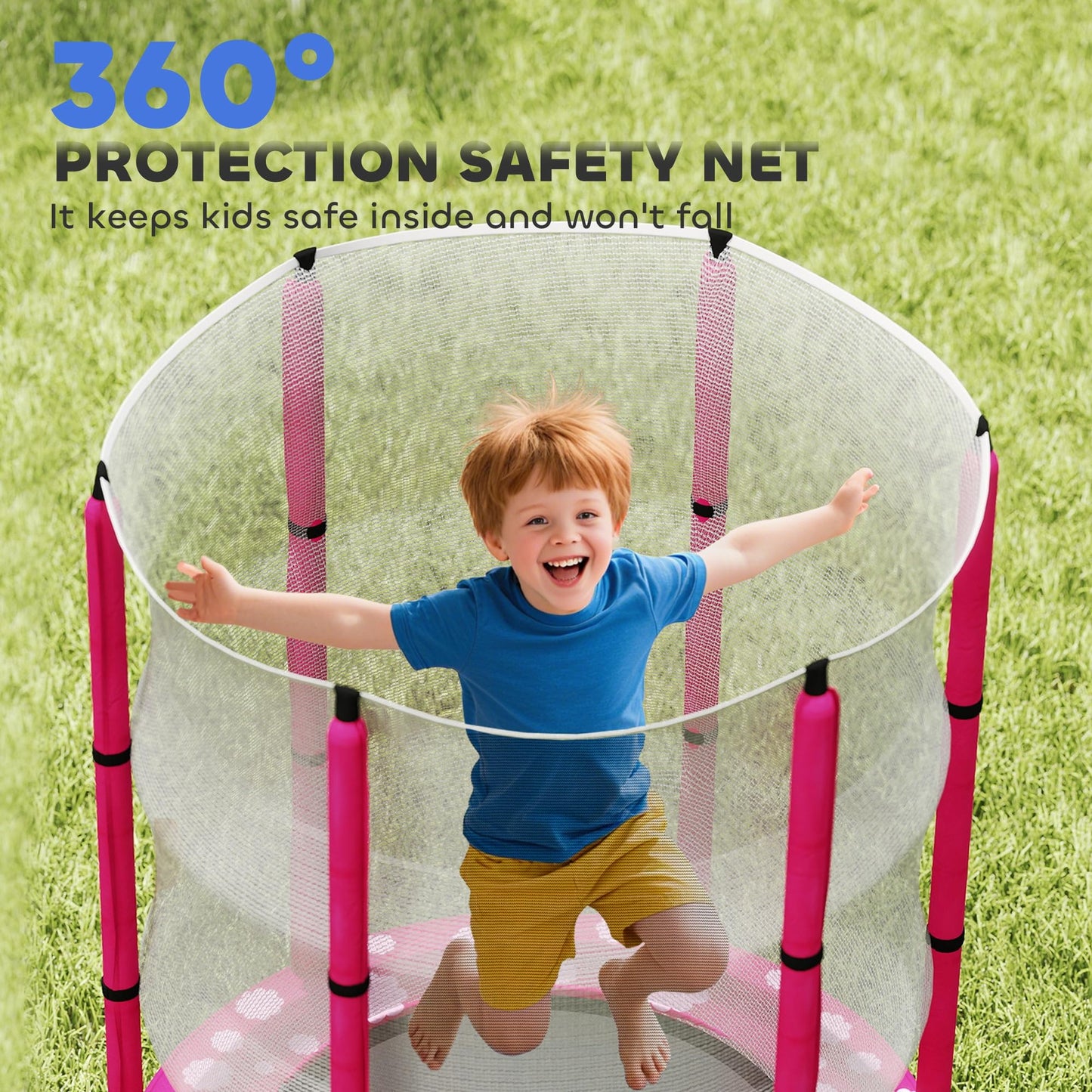 AIYAPLAY 4.6ft Kids Trampoline with Safety Enclosure Net, Recreational Toddler Trampoline for Indoor Outdoor Use, Ages 3-6 Years, Sun Pattern, Pink
