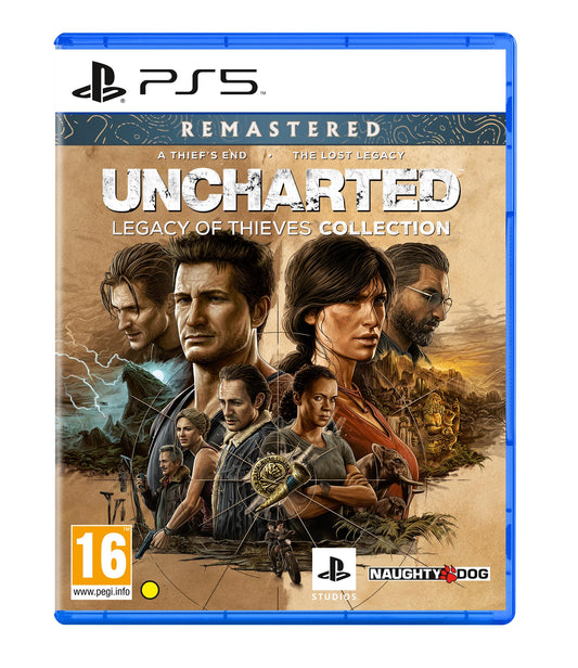 Sony Uncharted: Legacy of Thieves Collection for PS5 game case with cover art featuring Nathan Drake and Chloe Frazer.