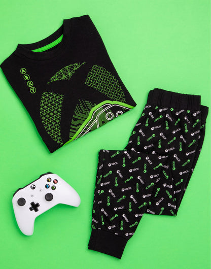 Xbox boys' pajamas set with black and green gamer T-shirt and matching leggings featuring game controller designs for kids aged 9-10.