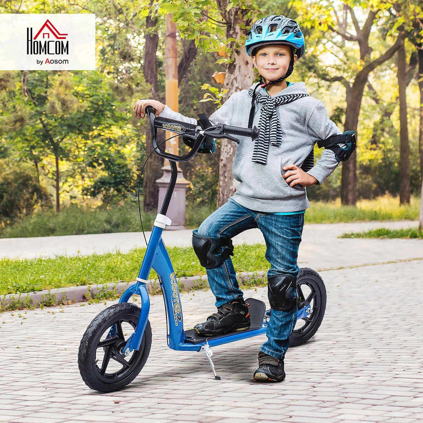 HOMCOM Kids Scooter, Toddler Kick Scooter with Adjustable Handlebar, 12" EVA Tyres, Rear Brake, for Age 5-12 Years, Blue