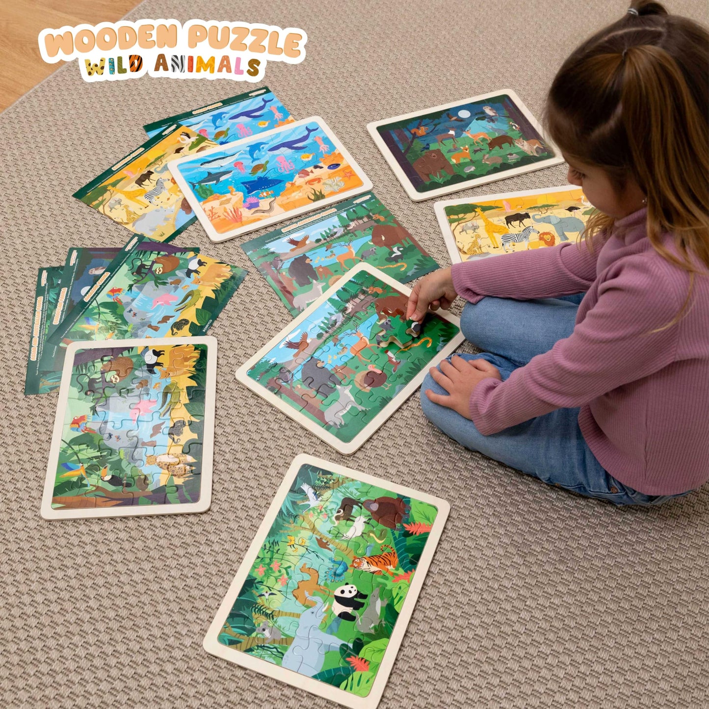 BONNYCO wooden animal puzzle for kids with 24 pieces, featuring animals from various ecosystems, on a wooden board.